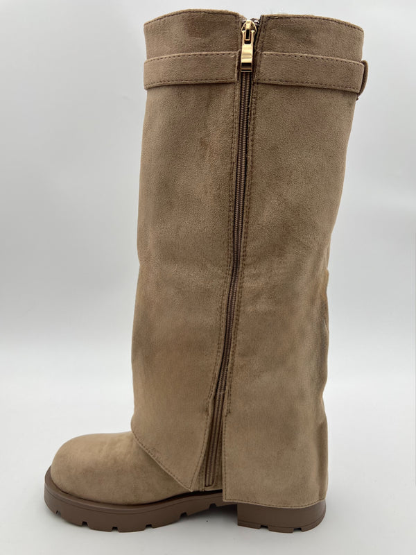 Dark Beige Faux Suede Fold Over Chunky Sole Lock Boot in Dark Beige / 3/36 - HL London