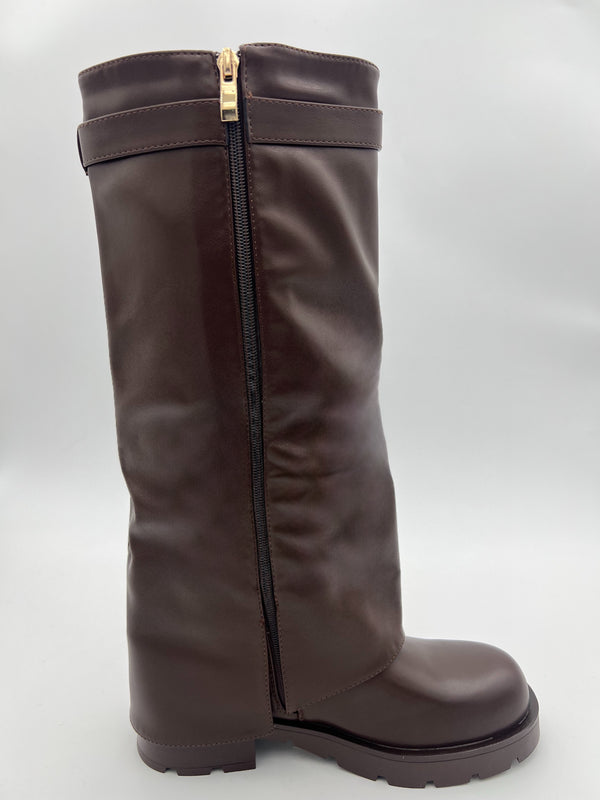 Chocolate Faux Leather Fold Over Lock Chunky Boot in Chocolate / 3/36 - HL London