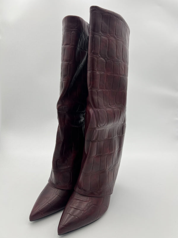 Burgundy Crocodile Fold Over Boot in Burgundy / 3/36 - HL London
