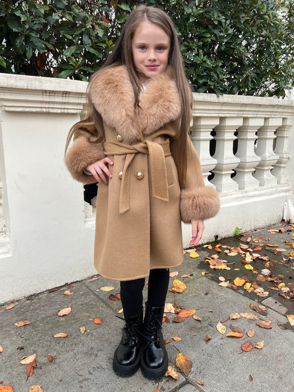 Childrens Camel Luxury Fur Cashmere Coat
