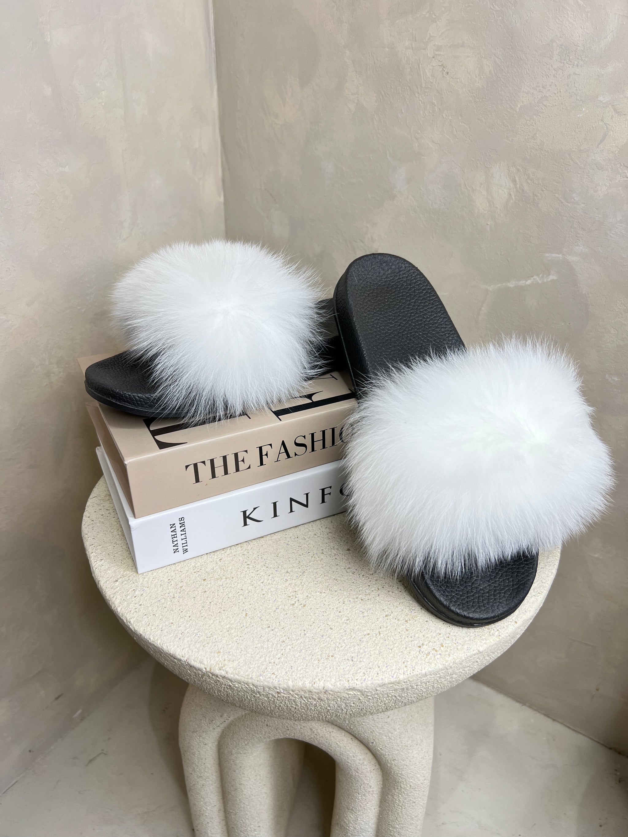 Fox Fur Fluffy Sliders White Women's Real Fox Fur Slides For Women