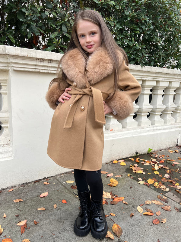Childrens Camel Luxury Fur Cashmere Coat