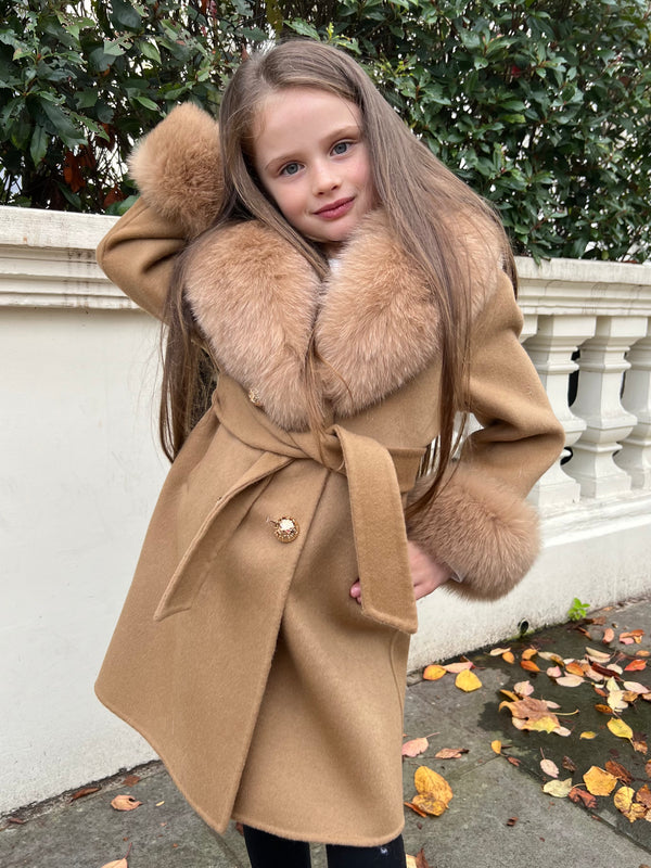 Childrens Camel Luxury Fur Cashmere Coat