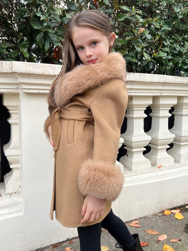 Childrens Camel Luxury Fur Cashmere Coat