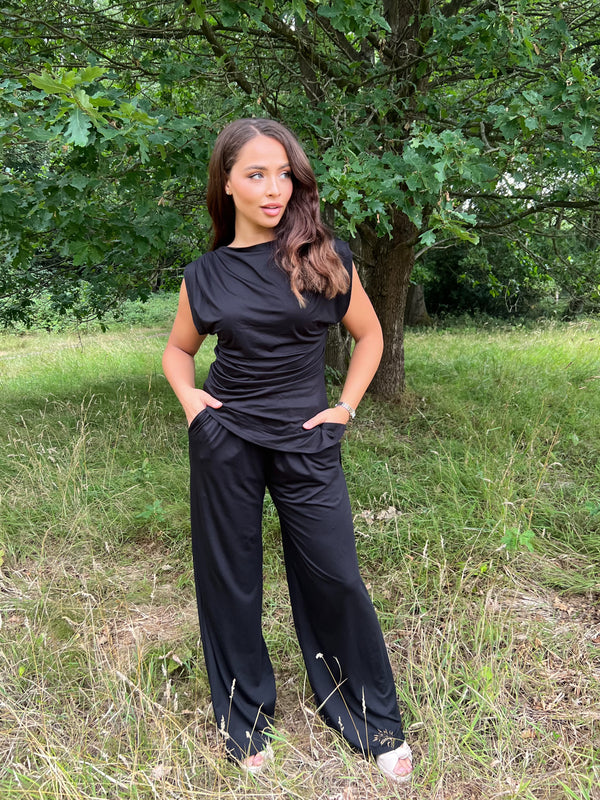 Aria Black Asymmetrical Ruched Top