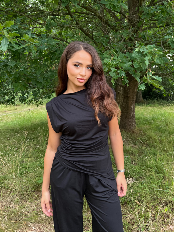 Aria Black Asymmetrical Ruched Top