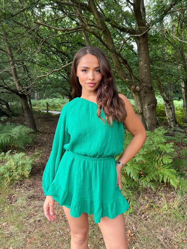 Green One Sleeve Playsuit With Skirt Overlay
