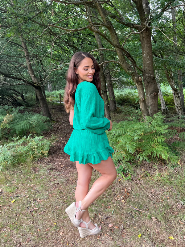 Green One Sleeve Playsuit With Skirt Overlay