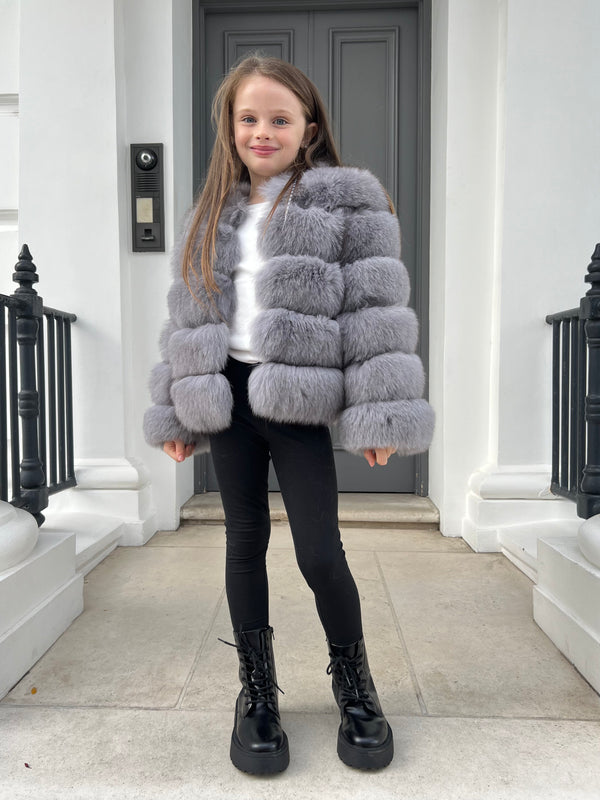 Childrens Dark Grey Luxury Fur Coat