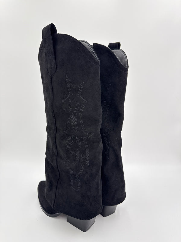 black shark fold over cowboy boot with decorative stitching on a white background
