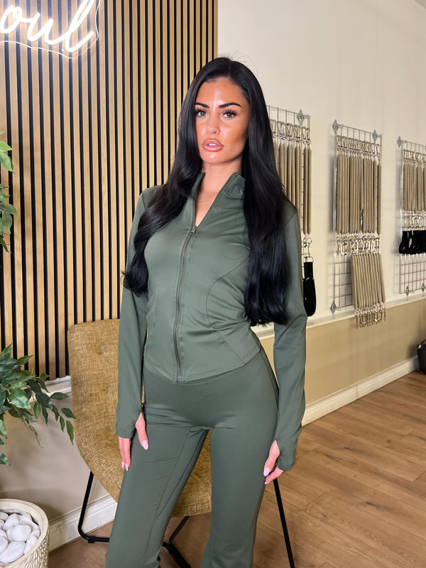 Khaki Zip Jacket Wide Leg Trouser Gym Set athleisure outfit, angled studio view