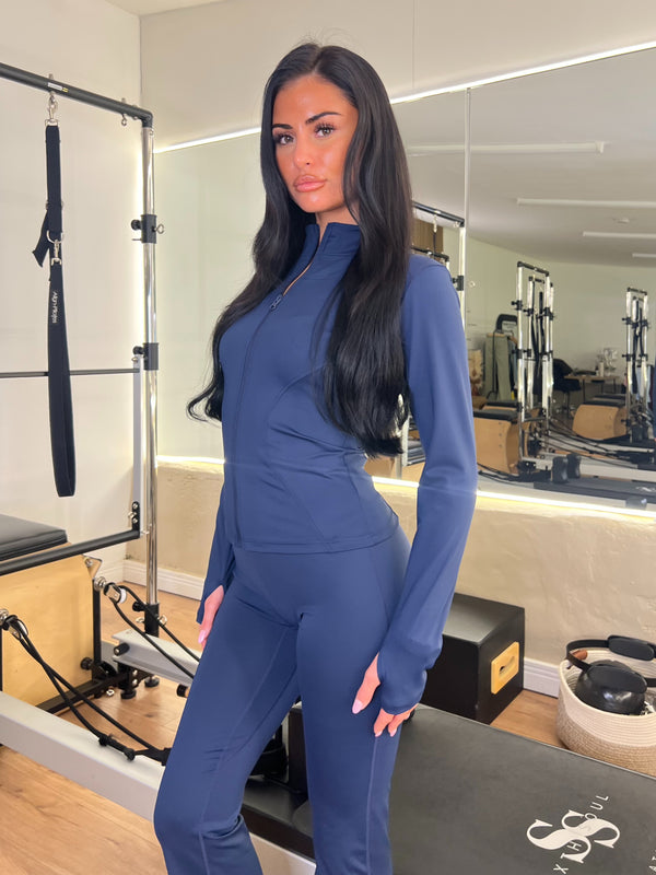 Navy Zip Jacket & Wide Leg Trouser Gym Set athleisure outfit, angled studio view