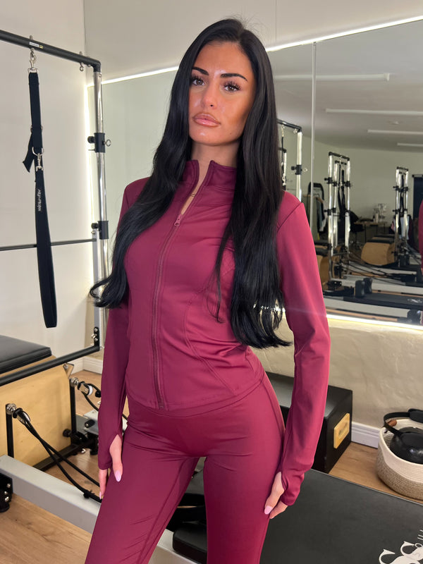 Burgundy Zip Jacket & Wide Leg Trouser Gym Set athleisure outfit, angled studio view