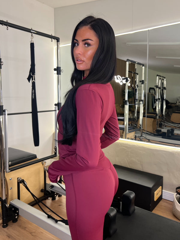 Burgundy Zip Jacket & Wide Leg Trouser Gym Set activewear set, lifestyle Pilates studio setting