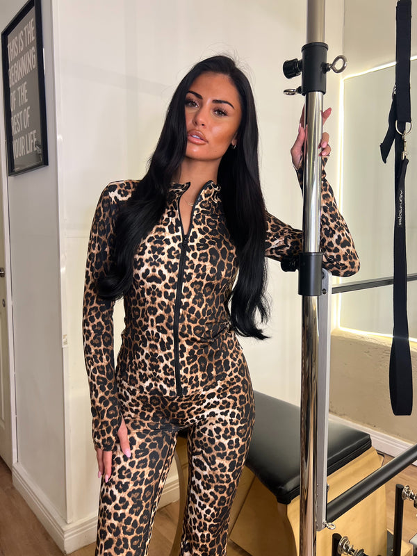 Leopard Zip Jacket & Wide Leg Trouser Gym Set activewear set, lifestyle Pilates studio setting