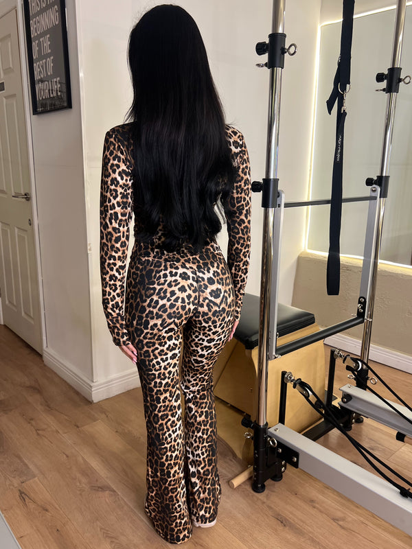 Leopard Zip Jacket & Wide Leg Trouser Gym Set athleisure outfit, angled studio view