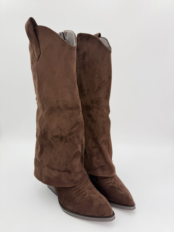 chocolate shark fold over cowboy boot with decorative stitching on a white background