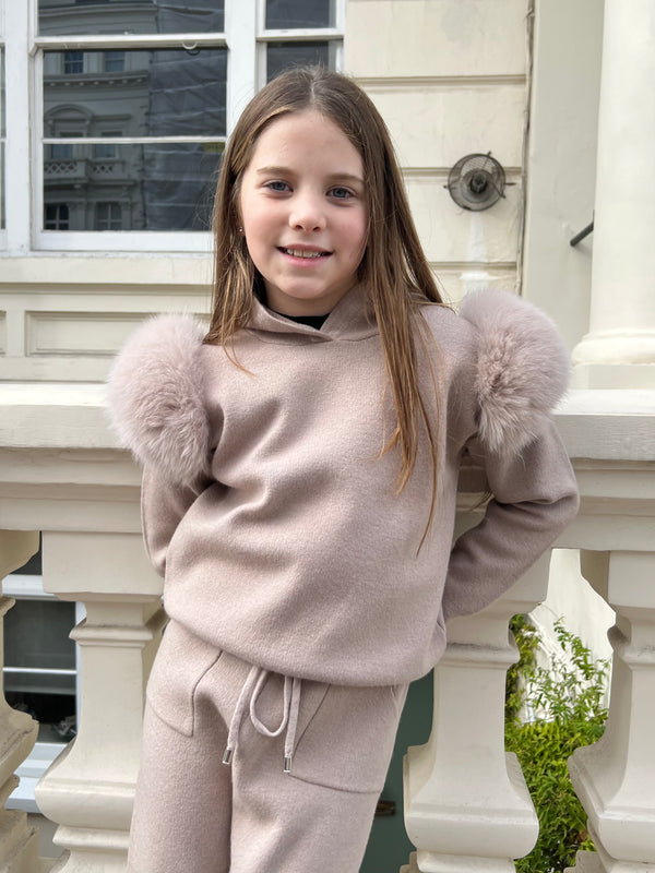 Childrens Beige Luxury Fur Tracksuit