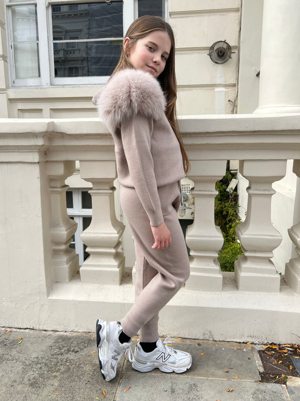 Childrens Beige Luxury Fur Tracksuit