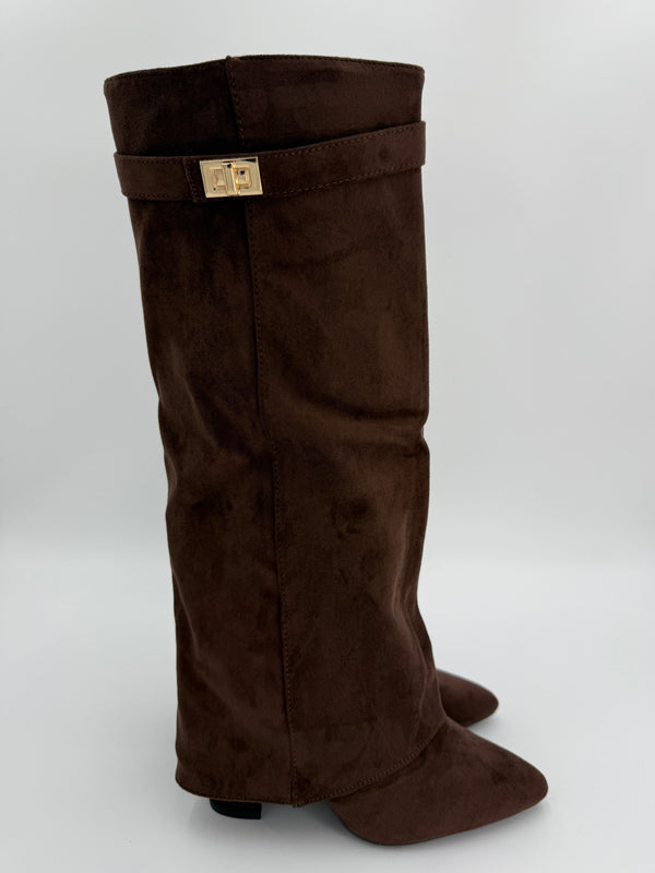 chocolate brown suede shark fold over boot with gold twist lock on a white background