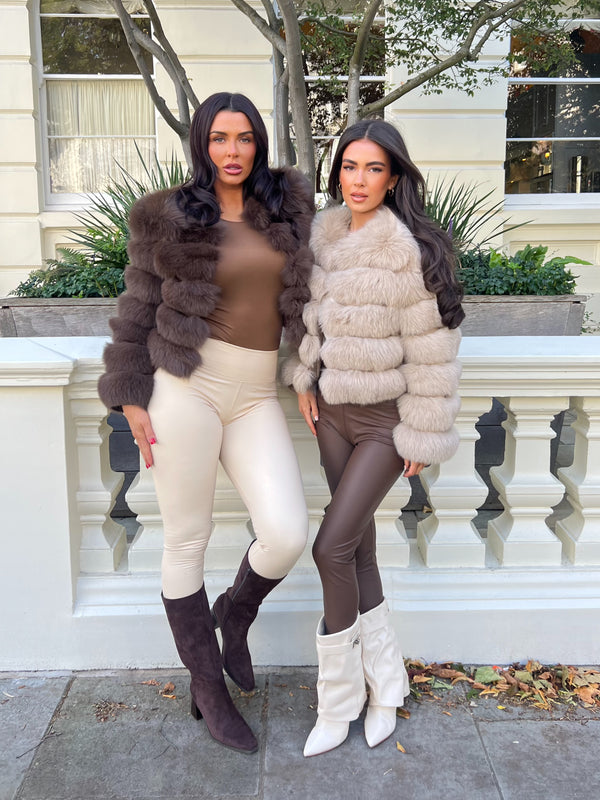 Dark Beige Luxury Fur 5 Row Long Sleeve Jacket