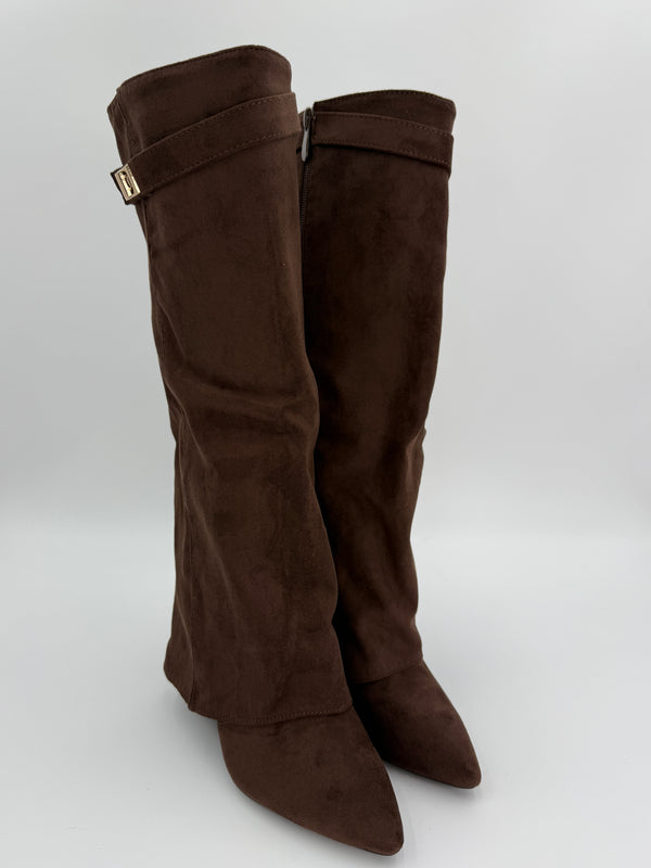 chocolate brown suede shark fold over boot with gold twist lock on a white background