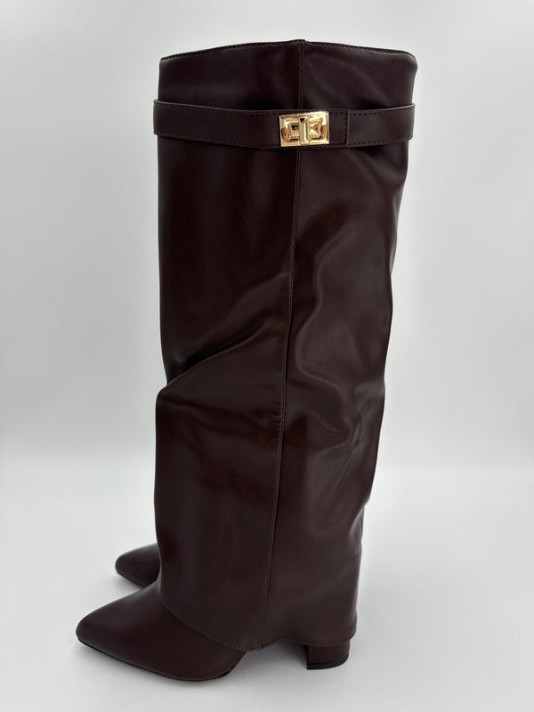 chocolate brown leather shark fold over boot with gold twist lock on a white background
