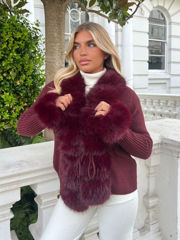 Burgundy Premium Faux Fur Trimmed Cardigan