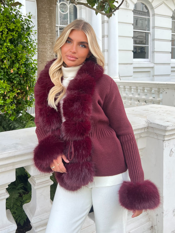 Burgundy Premium Faux Fur Trimmed Cardigan