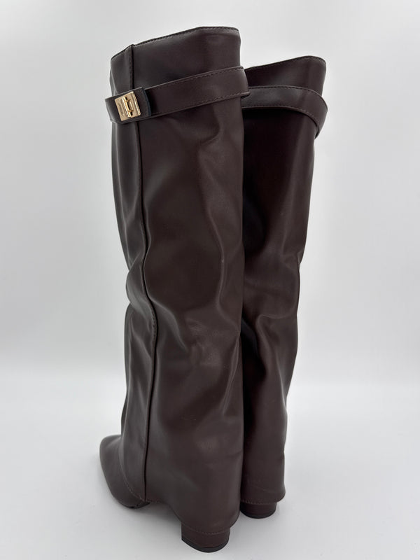 chocolate brown leather shark fold over boot with gold twist lock on a white background