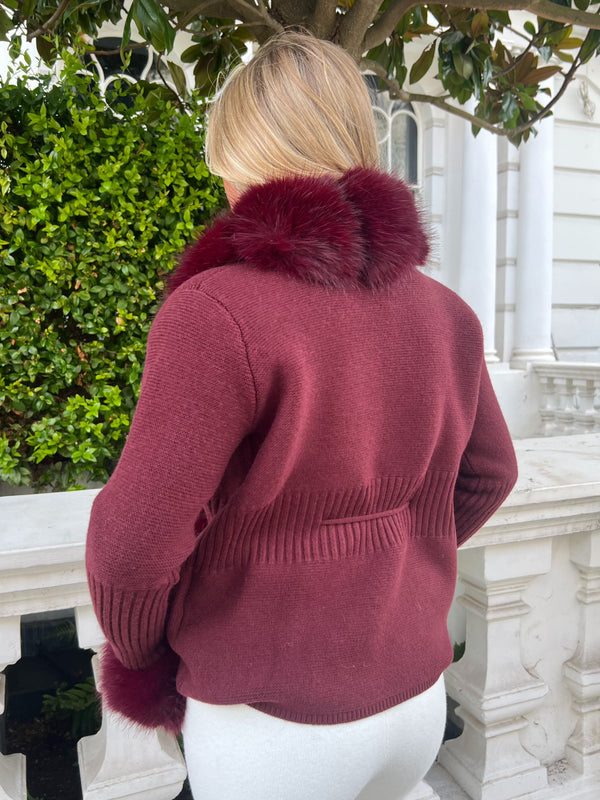 Burgundy Premium Faux Fur Trimmed Cardigan
