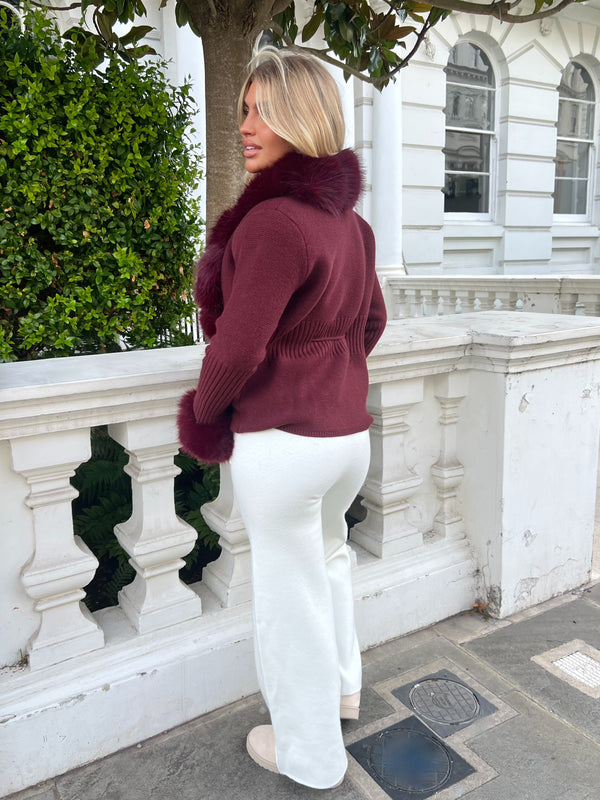 Burgundy Premium Faux Fur Trimmed Cardigan