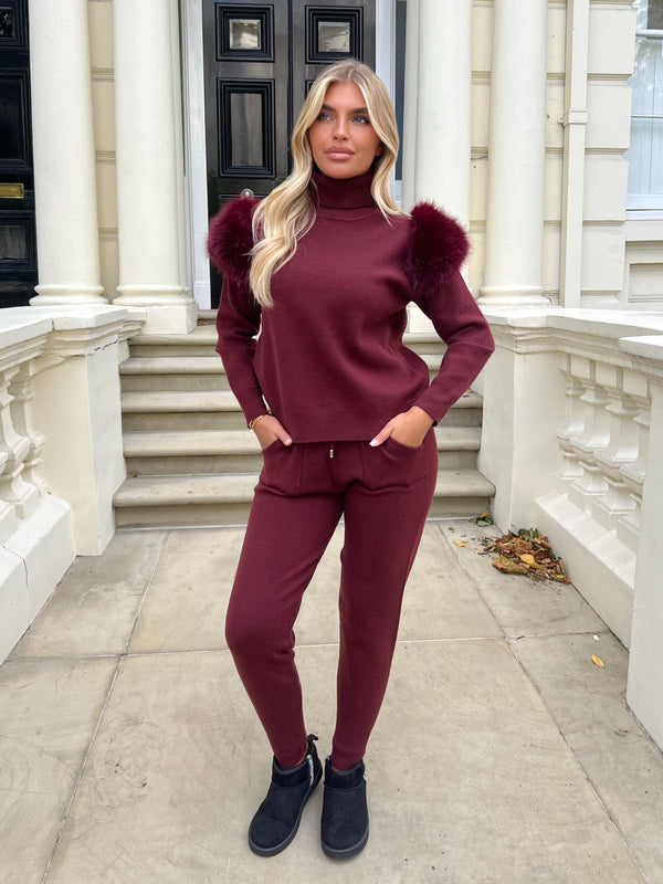 Burgundy Premium Faux Fur Jogger Tracksuit