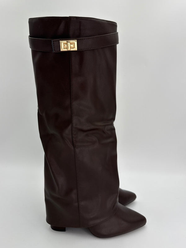 chocolate brown leather shark fold over boot with gold twist lock on a white background