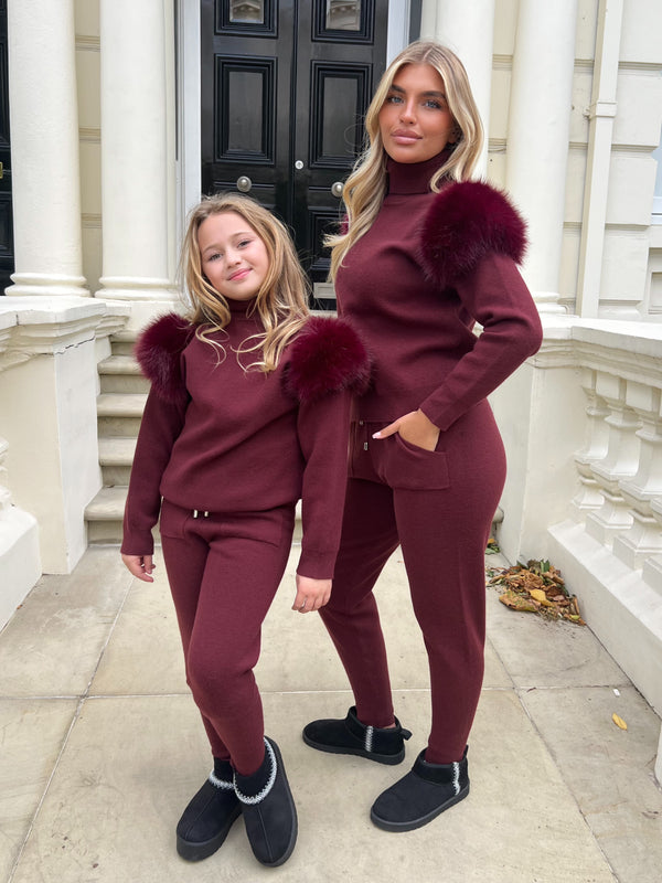 Burgundy Premium Faux Fur Jogger Tracksuit