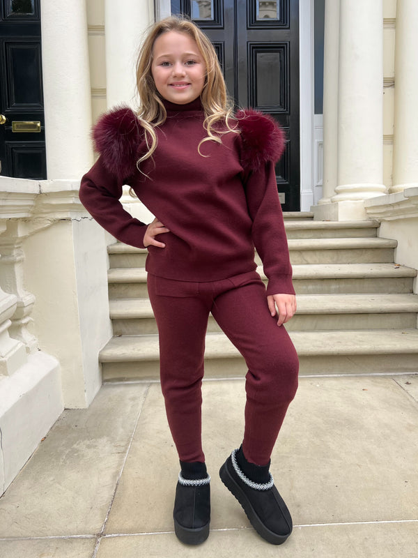 Childrens Burgundy Premium Faux Fur Jogger Tracksuit