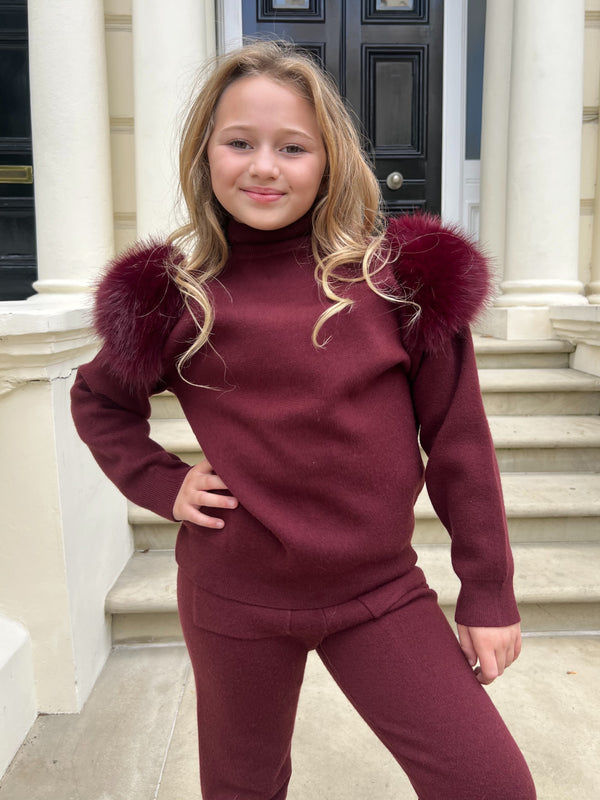 Childrens Burgundy Premium Faux Fur Jogger Tracksuit