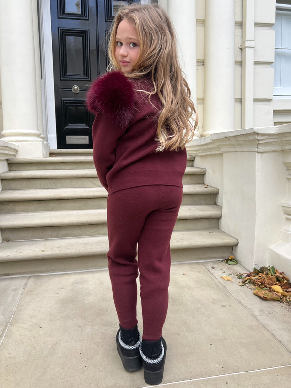 Childrens Burgundy Premium Faux Fur Jogger Tracksuit