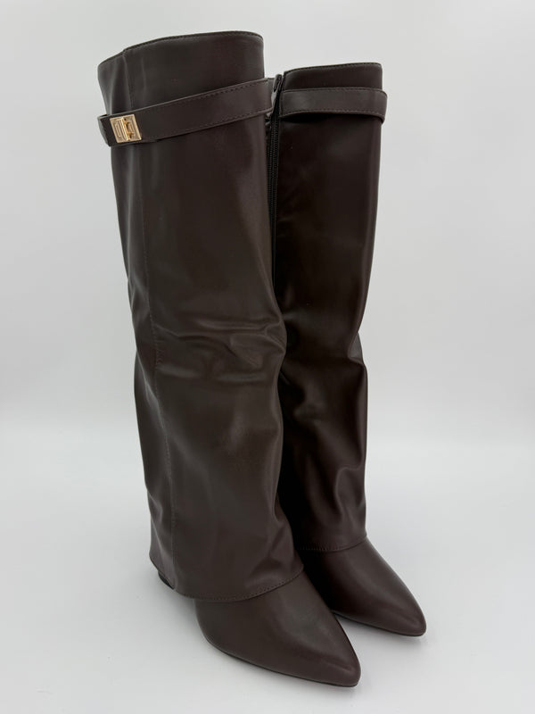 chocolate brown leather shark fold over boot with gold twist lock on a white background
