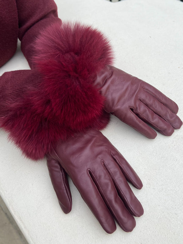 Burgundy Luxury Fur Leather Gloves