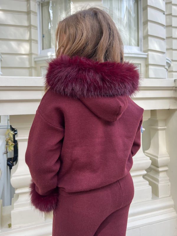 Childrens Burgundy Premium Faux Fur Jogger Tracksuit