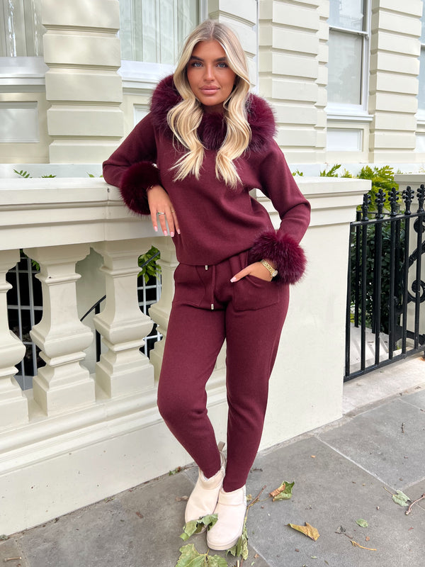 Burgundy Premium Faux Fur Jogger Tracksuit