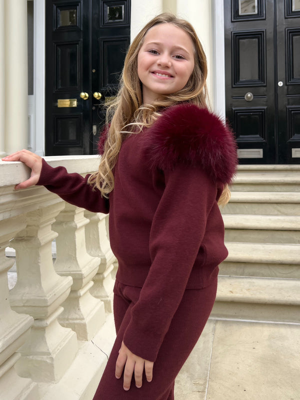 Childrens Burgundy Premium Faux Fur Jogger Tracksuit
