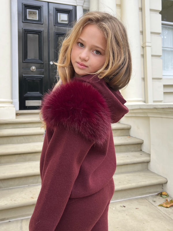 Childrens Burgundy Premium Faux Fur Jogger Tracksuit
