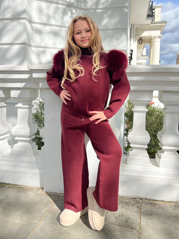 Childrens Burgundy Premium Faux Fur Roll Neck Wide Leg Tracksuit