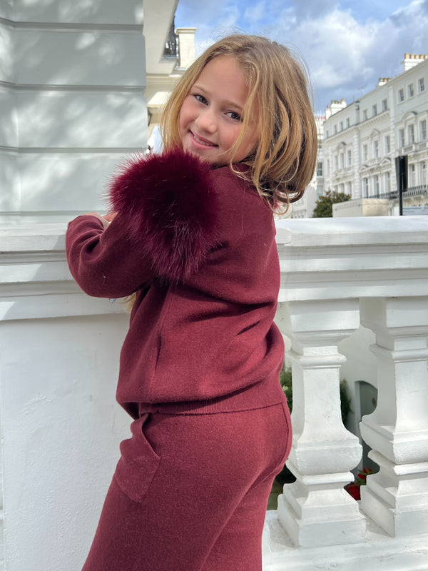 Childrens Burgundy Premium Faux Fur Roll Neck Wide Leg Tracksuit