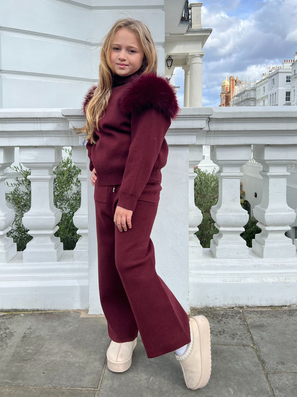 Childrens Burgundy Premium Faux Fur Roll Neck Wide Leg Tracksuit