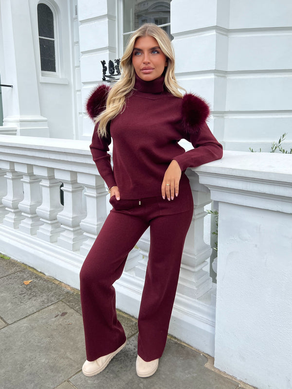 Burgundy Roll Neck Premium Faux Fur Shoulder Wide Leg Tracksuit