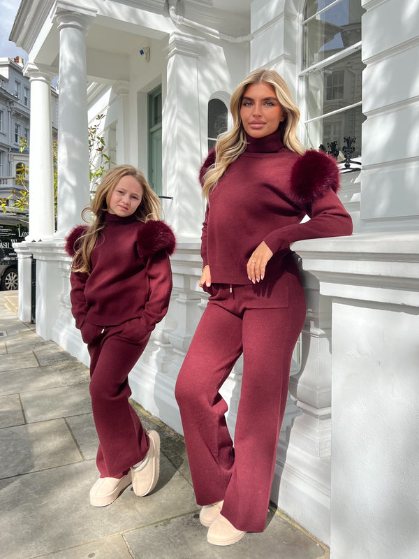 Burgundy Roll Neck Premium Faux Fur Shoulder Wide Leg Tracksuit