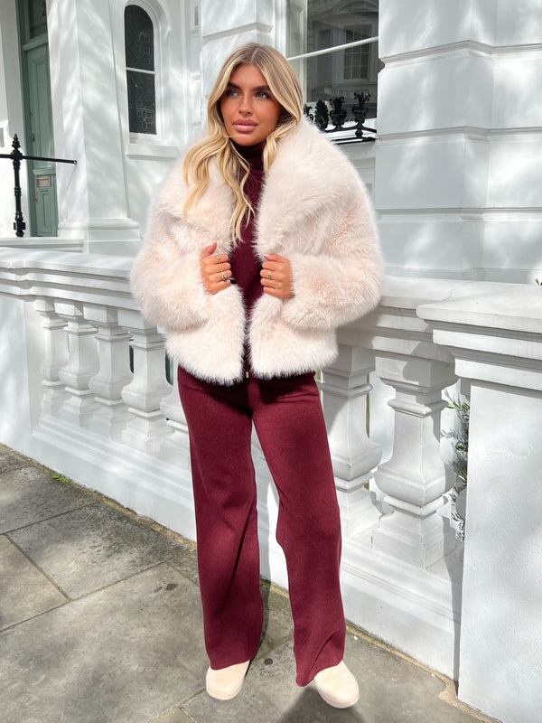 Beige Premium Faux Fur Collared Jacket